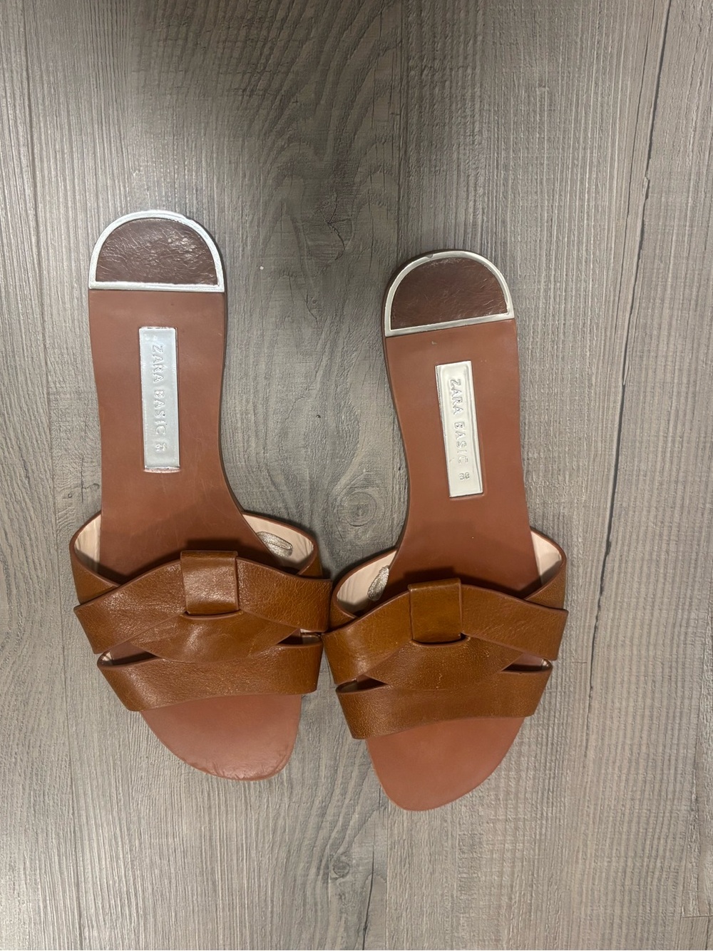 Zara Cognac Braided Leather Slide Sandals